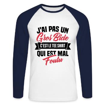 J'ai Pas Un Gros Bide - T-shirt baseball manches longues Homme - blanc/marine - Devant - Nik (191cm)
