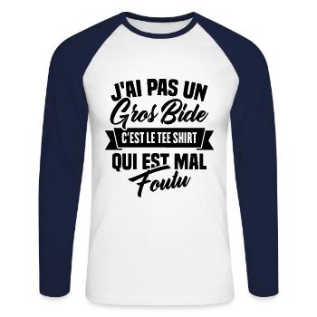 J'ai Pas Un Gros Bide - T-shirt baseball manches longues Homme - blanc/marine - Devant - Nik (191cm)