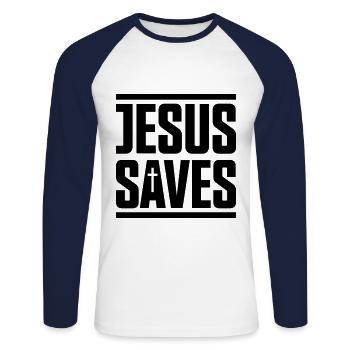jesus saves - T-shirt baseball manches longues Homme - blanc/marine - Devant - Nik (191cm)