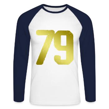 79 Zahl Trikot - Unisex Baseballshirt langarm - Weiß/Navy - Vorne - Nik (191cm)