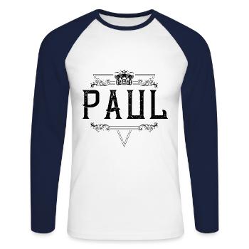 Paul Name - Unisex Long Sleeve Baseball T-Shirt - white/navy - Front - Nik (191cm)