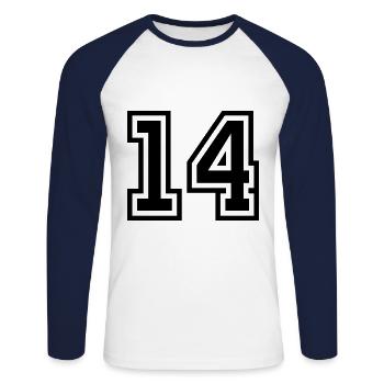 14 Zahl symbol - Unisex Baseballshirt langarm - Weiß/Navy - Vorne - Nik (191cm)