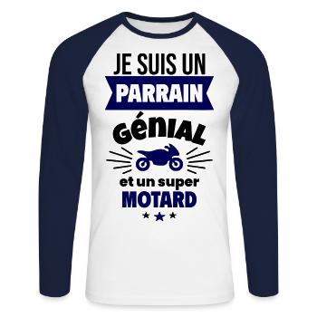 Parrain génial et super motard Moto Motard Humour - T-shirt baseball manches longues Homme - blanc/marine - Devant - Nik (191cm)