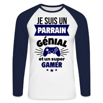 Parrain génial et super gamer Geek Gaming Gamer - T-shirt baseball manches longues Homme - blanc/marine - Devant - Nik (191cm)