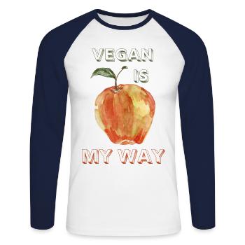 VEGAN IS MY WAY - Unisex Long Sleeve Baseball T-Shirt - white/navy - Front - Nik (191cm)