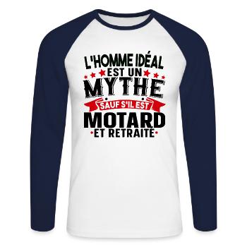 Retraité Motard Moto Papy Retraite Humour Cadeau - T-shirt baseball manches longues Homme - blanc/marine - Devant - Nik (191cm)