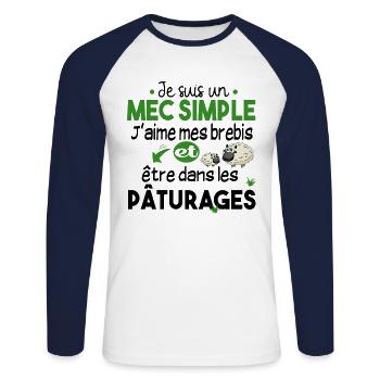 Brebis Mouton Laine Agneau Cadeau Ferme Agricole - T-shirt baseball manches longues Homme - blanc/marine - Devant - Nik (191cm)