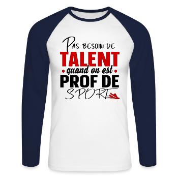 Prof de Sport Professeur Métier Cadeau Humour - T-shirt baseball manches longues Homme - blanc/marine - Devant - Nik (191cm)