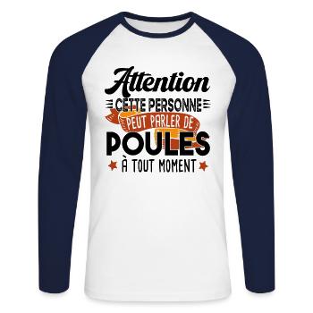 Poule Poulailler Cadeau Humour Agriculteur Ferme - T-shirt baseball manches longues Homme - blanc/marine - Devant - Nik (191cm)