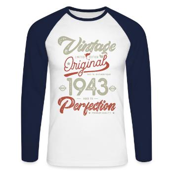 1943 anniversaire vintage 80 ans - T-shirt baseball manches longues Homme - blanc/marine - Devant - Nik (191cm)