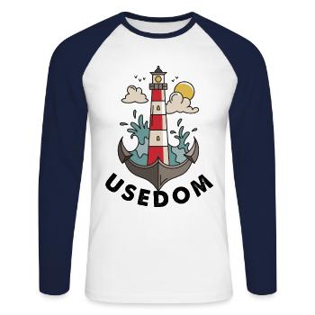 Usedom Ostsee - Leuchtturm Anker - Unisex Baseballshirt langarm - Weiß/Navy - Vorne - Nik (191cm)