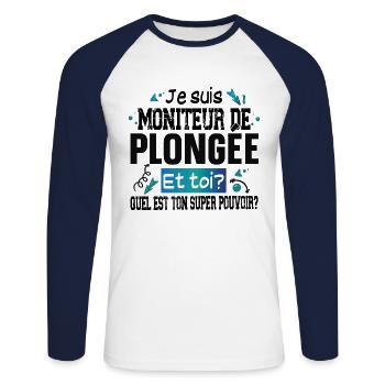 Moniteur de Plongée Super Pouvoir Cadeau Humour - T-shirt baseball manches longues Homme - blanc/marine - Devant - Nik (191cm)