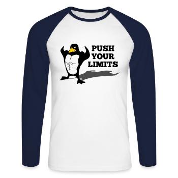 Push your limits bodybuilding penguin - Unisex Long Sleeve Baseball T-Shirt - white/navy - Front - Nik (191cm)