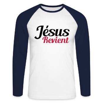 Jesus comes back - Unisex Long Sleeve Baseball T-Shirt - white/navy - Front - Nik (191cm)