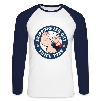 Popeye Skipping Leg Day Since 1929 - Unisex Baseballshirt langarm - Weiß/Navy - Vorne - Nik (191cm)