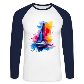 Segelboot Design im Aquarell-Look - Unisex Baseballshirt langarm - Weiß/Navy - Vorne - Nik (191cm)
