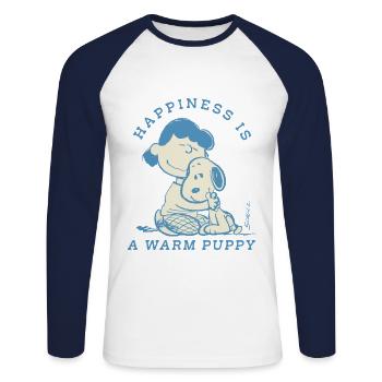 Peanuts Design Happiness Is A Warm Puppy - Unisex Long Sleeve Baseball T-Shirt - white/navy - Front - Nik (191cm)