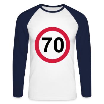 70 Geburtstag - Unisex Baseballshirt langarm - Weiß/Navy - Vorne - Nik (191cm)
