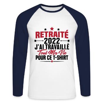 Retraité En 2022 / Humour Cadeau Retraité 2022 - T-shirt baseball manches longues Homme - blanc/marine - Devant - Nik (191cm)