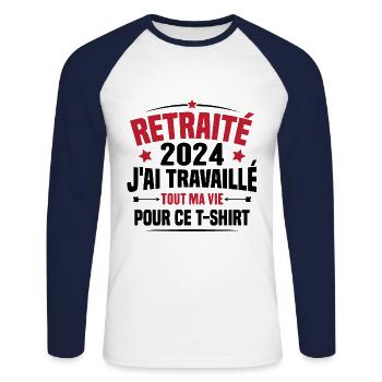 Retraité En 2024 / Humour Cadeau Retraité 2024 - T-shirt baseball manches longues Homme - blanc/marine - Devant - Nik (191cm)