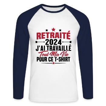 Retraité En 2024 / Humour Cadeau Retraité 2024 - T-shirt baseball manches longues Homme - blanc/marine - Devant - Nik (191cm)
