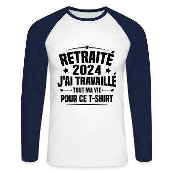 Retraité En 2024 / Humour Cadeau Retraité 2024 - T-shirt baseball manches longues Homme - blanc/marine - Devant - Nik (191cm)