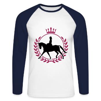 horse riding silhouette coat of arms logo - Unisex Long Sleeve Baseball T-Shirt - white/navy - Front - Nik (191cm)
