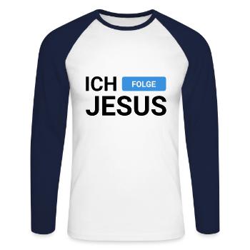 Ich Folge Jesus - Unisex Baseballshirt langarm - Weiß/Navy - Vorne - Nik (191cm)