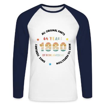 64 Jahre alt Baujahr 1960 Jahrgang Februar 1960 - Unisex Baseballshirt langarm - Weiß/Navy - Vorne - Nik (191cm)