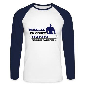 Muscles in progress... bodybuilding funny humor - Unisex Long Sleeve Baseball T-Shirt - white/navy - Front - Nik (191cm)