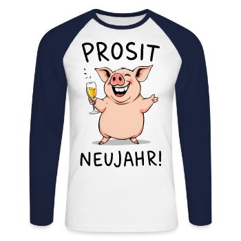 Silvester Party Prosit Neujahr Prost Schwein Fun - Unisex Baseballshirt langarm - Weiß/Navy - Vorne - Nik (191cm)