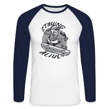 Halloween Skeleton Coffee Staying Alive - Unisex Long Sleeve Baseball T-Shirt - white/navy - Front - Nik (191cm)
