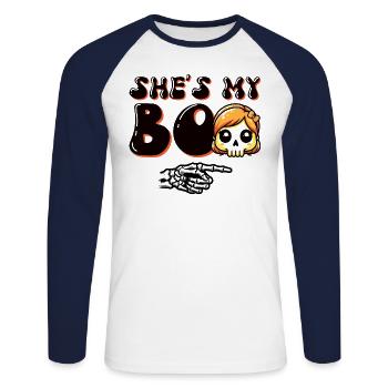 Halloween Spruch Männer Lustig She's My Boo - Unisex Baseballshirt langarm - Weiß/Navy - Vorne - Nik (191cm)
