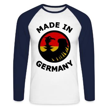 Hergestellt in Deutschland - Unisex Baseballshirt langarm - Weiß/Navy - Vorne - Nik (191cm)