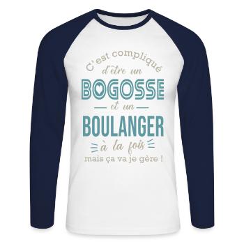 boulanger bogosse Cadeau humour boulanger pain - T-shirt baseball manches longues Homme - blanc/marine - Devant - Nik (191cm)