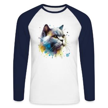 Aquarelle Chat - T-shirt baseball manches longues Homme - blanc/marine - Devant - Nik (191cm)