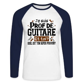 Prof Professeur Guitare Métier Guitariste - T-shirt baseball manches longues Homme - blanc/marine - Devant - Nik (191cm)