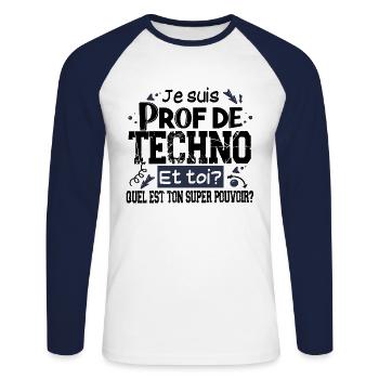 Techno Prof Professeur Métier Collège Lycée - T-shirt baseball manches longues Homme - blanc/marine - Devant - Nik (191cm)