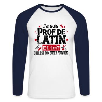 Prof Professeur Latin Métier Citations Noël - T-shirt baseball manches longues Homme - blanc/marine - Devant - Nik (191cm)