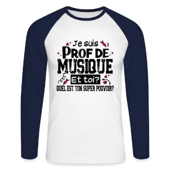 Prof Professeur Musique Métier Collège Lycée - T-shirt baseball manches longues Homme - blanc/marine - Devant - Nik (191cm)