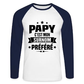Papy c'est mon surnom préféré, Cadeau grandpère - T-shirt baseball manches longues Homme - blanc/marine - Devant - Nik (191cm)