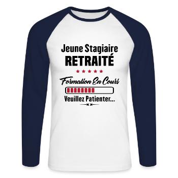 Jeune stagiaire retraité formation en cours - T-shirt baseball manches longues Homme - blanc/marine - Devant - Nik (191cm)