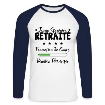 Jeune stagiaire retraite formation en cours - T-shirt baseball manches longues Homme - blanc/marine - Devant - Nik (191cm)