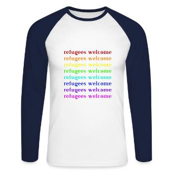 Refugees Welcome Gift Idea - Unisex Long Sleeve Baseball T-Shirt - white/navy - Front - Nik (191cm)