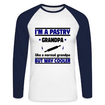 Le papy cool qui adore les pâtisseries - T-shirt baseball manches longues Homme - blanc/marine - Devant - Nik (191cm)