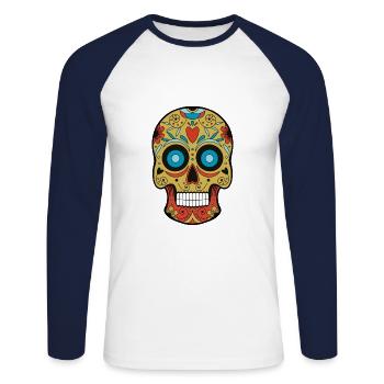Tête de mort mexicaine - T-shirt baseball manches longues Homme - blanc/marine - Devant - Nik (191cm)