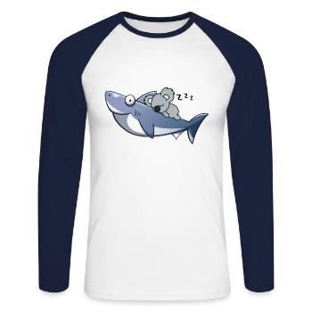Koala Riding Shark Drôle Tendance - T-shirt baseball manches longues Homme - blanc/marine - Devant - Nik (191cm)