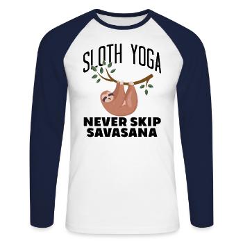 Sloth Yoga Never Skip Savasana - Unisex Long Sleeve Baseball T-Shirt - white/navy - Front - Nik (191cm)