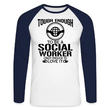 Titre du poste de travailleur social - T-shirt baseball manches longues Homme - blanc/marine - Devant - Nik (191cm)