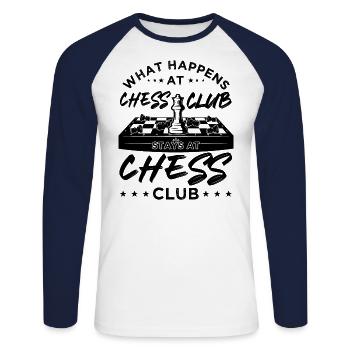 Ce qui se passe au club d’échecs reste au club d’échecs - T-shirt baseball manches longues Homme - blanc/marine - Devant - Nik (191cm)